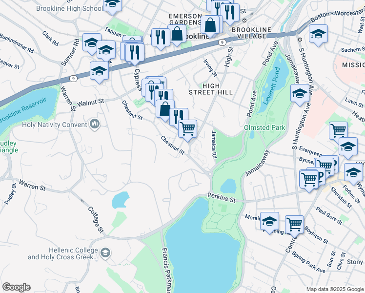 map of restaurants, bars, coffee shops, grocery stores, and more near 149 Chestnut Street in Brookline