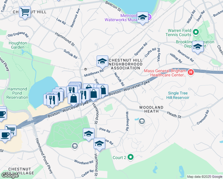 map of restaurants, bars, coffee shops, grocery stores, and more near 83 Dunster Road in Brookline
