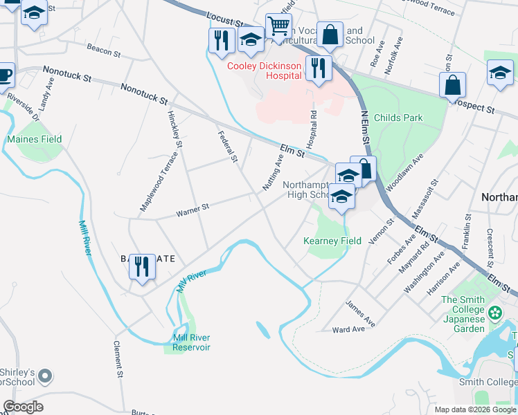 map of restaurants, bars, coffee shops, grocery stores, and more near 150 Federal Street in Northampton