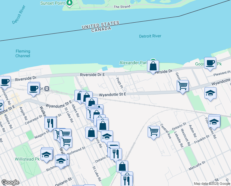 map of restaurants, bars, coffee shops, grocery stores, and more near in Windsor