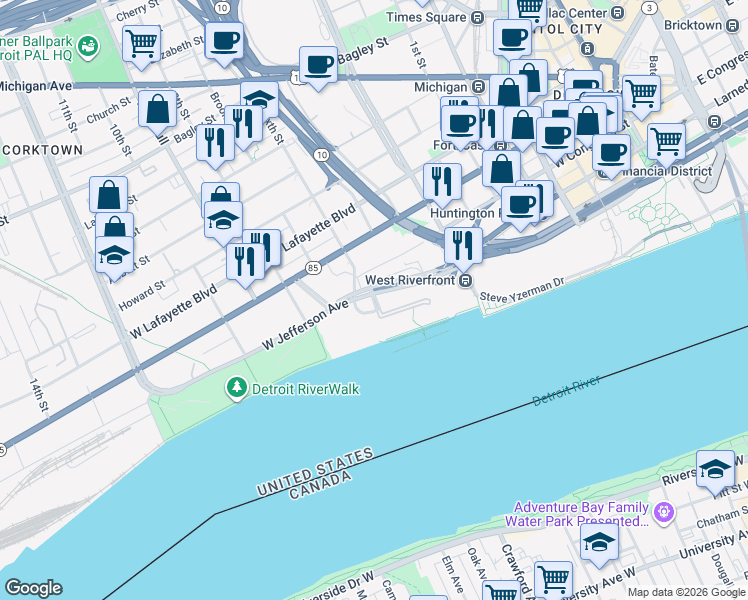 map of restaurants, bars, coffee shops, grocery stores, and more near 200 Riverfront Drive in Detroit