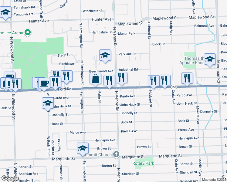 map of restaurants, bars, coffee shops, grocery stores, and more near 32951 Pardo Street in Garden City