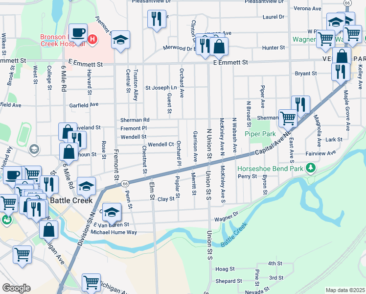 map of restaurants, bars, coffee shops, grocery stores, and more near 23 Orchard Place in Battle Creek
