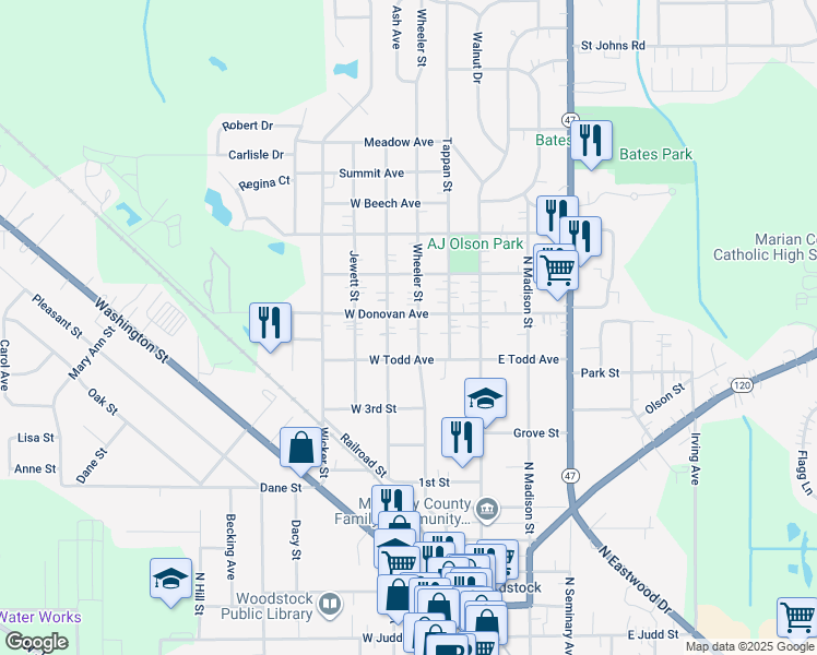 map of restaurants, bars, coffee shops, grocery stores, and more near 908 Wheeler Street in Woodstock