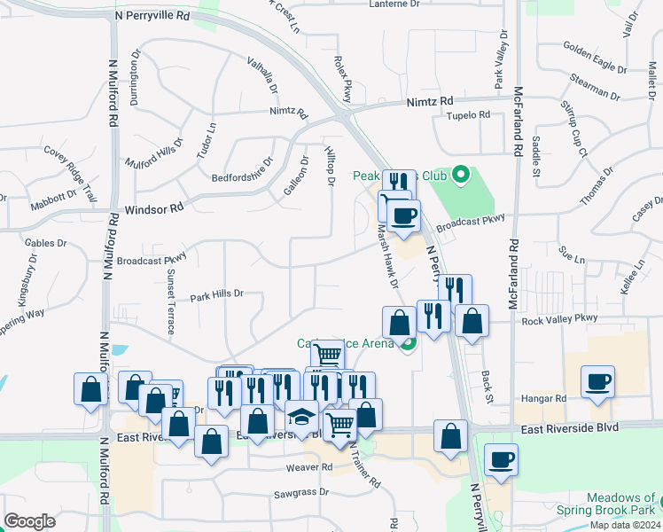 map of restaurants, bars, coffee shops, grocery stores, and more near 6555 Broadcast Parkway in Loves Park