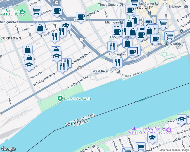 map of restaurants, bars, coffee shops, grocery stores, and more near 200 Riverfront Drive in Detroit