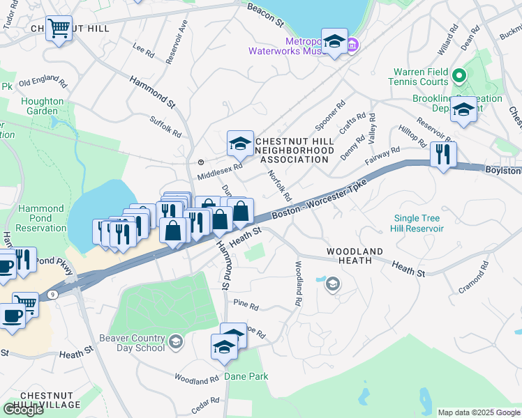 map of restaurants, bars, coffee shops, grocery stores, and more near 83 Dunster Road in Brookline