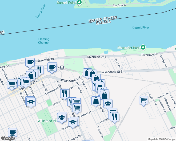 map of restaurants, bars, coffee shops, grocery stores, and more near 279 Drouillard Road in Windsor