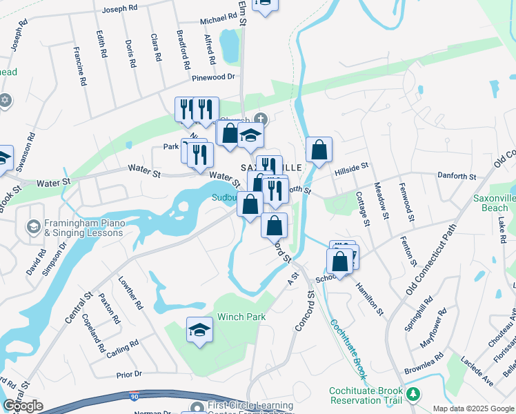 map of restaurants, bars, coffee shops, grocery stores, and more near 1602 Concord St in Framingham