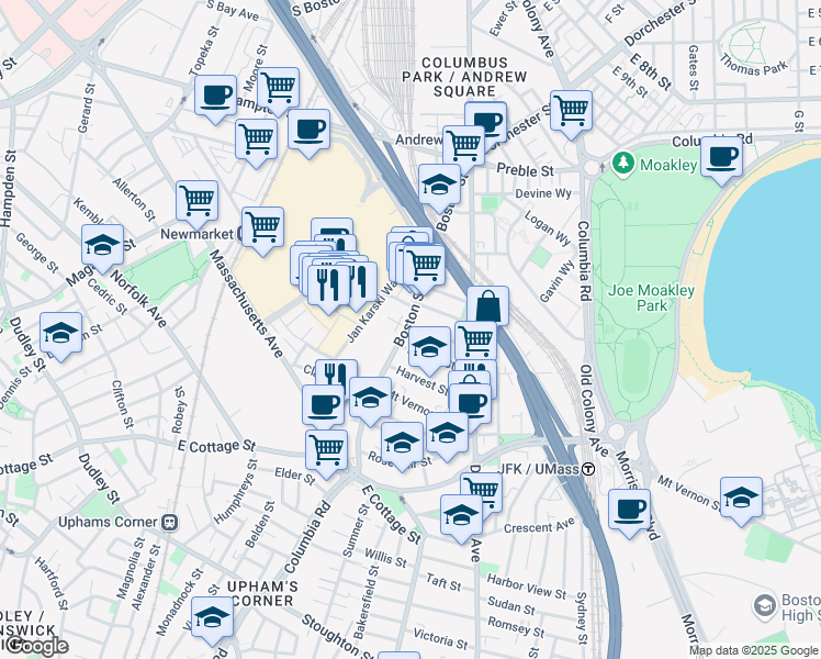 map of restaurants, bars, coffee shops, grocery stores, and more near 56 Dorset Street in Boston