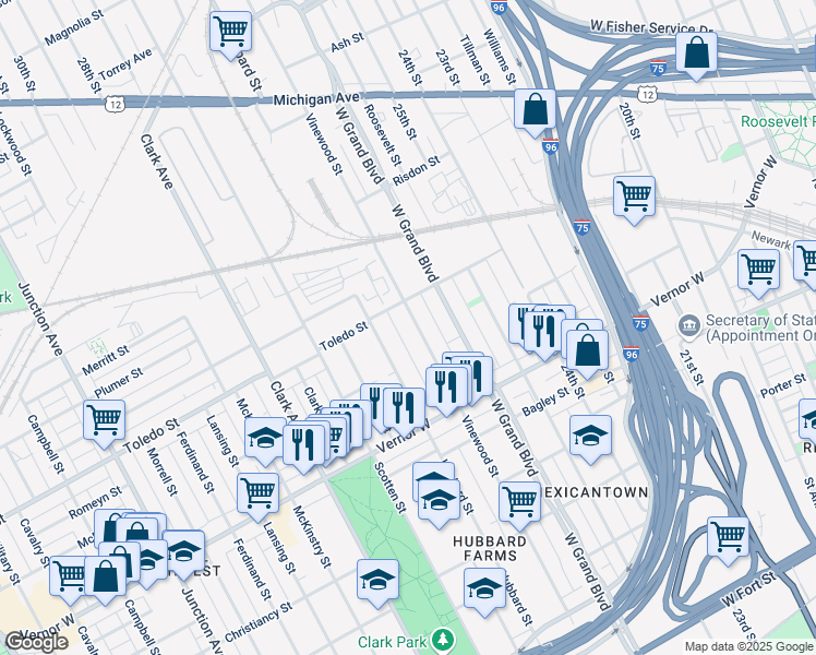 map of restaurants, bars, coffee shops, grocery stores, and more near 2055 Vinewood Street in Detroit