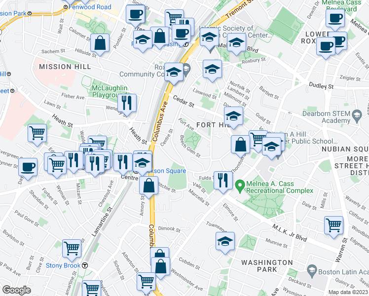 map of restaurants, bars, coffee shops, grocery stores, and more near 45 Beech Glen Street in Boston