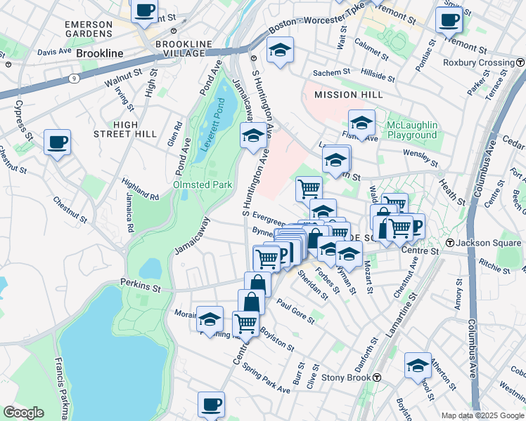 map of restaurants, bars, coffee shops, grocery stores, and more near 28 Evergreen Street in Boston