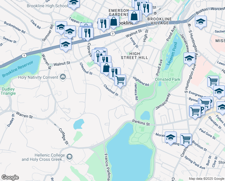 map of restaurants, bars, coffee shops, grocery stores, and more near 149 Chestnut Street in Brookline