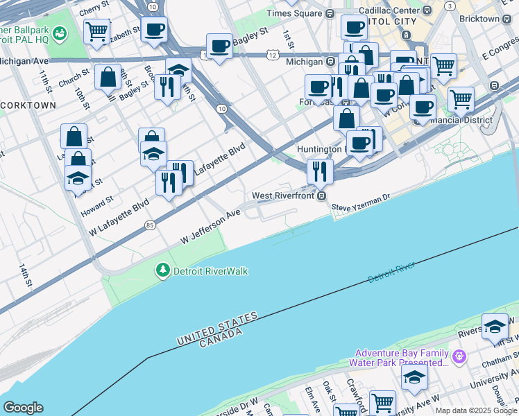 map of restaurants, bars, coffee shops, grocery stores, and more near Riverfront Drive in Detroit