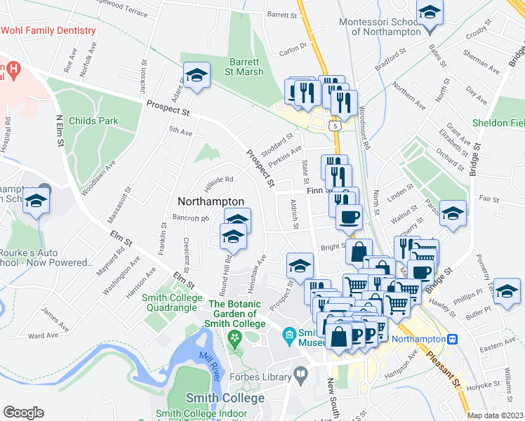 map of restaurants, bars, coffee shops, grocery stores, and more near 55 Northampton Street in Northampton