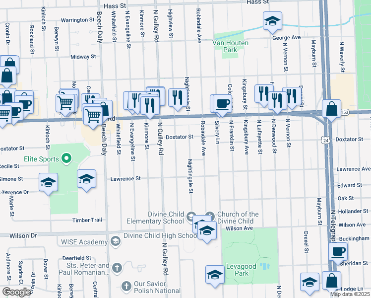 map of restaurants, bars, coffee shops, grocery stores, and more near 1800 Nightingale Street in Dearborn
