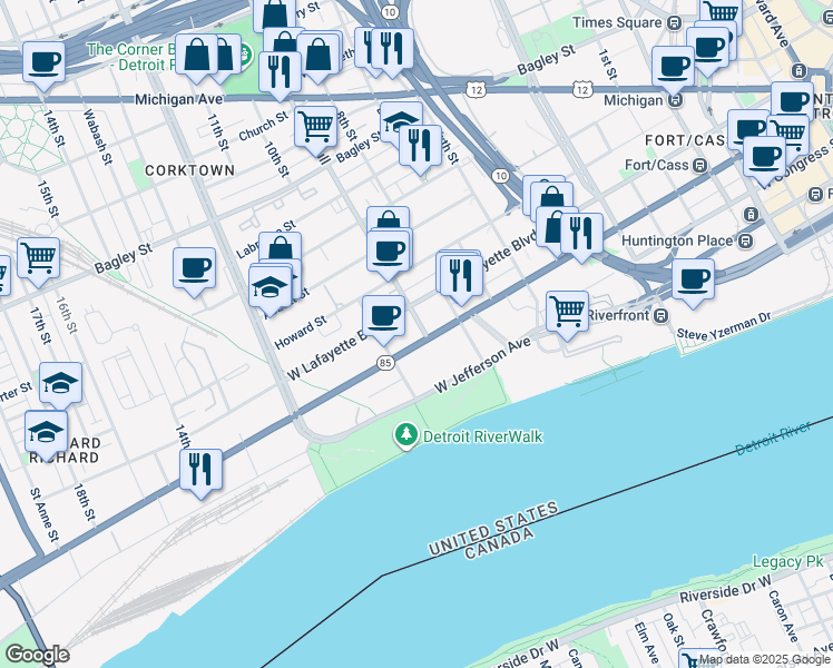 map of restaurants, bars, coffee shops, grocery stores, and more near 1500 W Fort St in Detroit