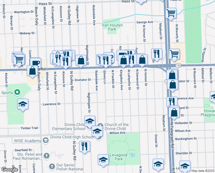 map of restaurants, bars, coffee shops, grocery stores, and more near 1772 Silvery Lane in Dearborn
