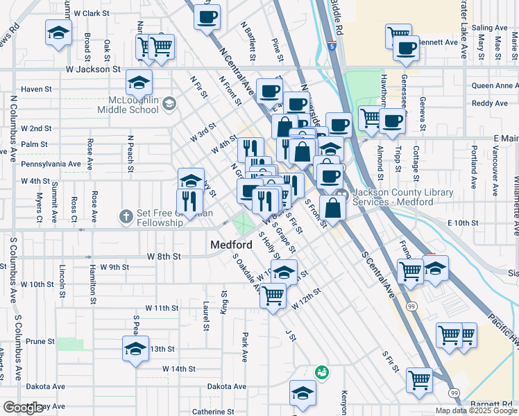 map of restaurants, bars, coffee shops, grocery stores, and more near 45 South Holly Street in Medford