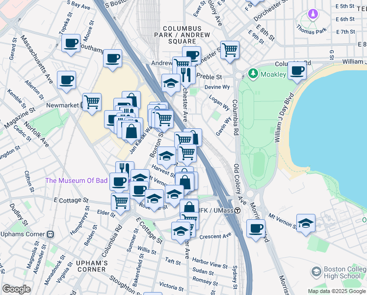 map of restaurants, bars, coffee shops, grocery stores, and more near 782 Dorchester Avenue in Boston