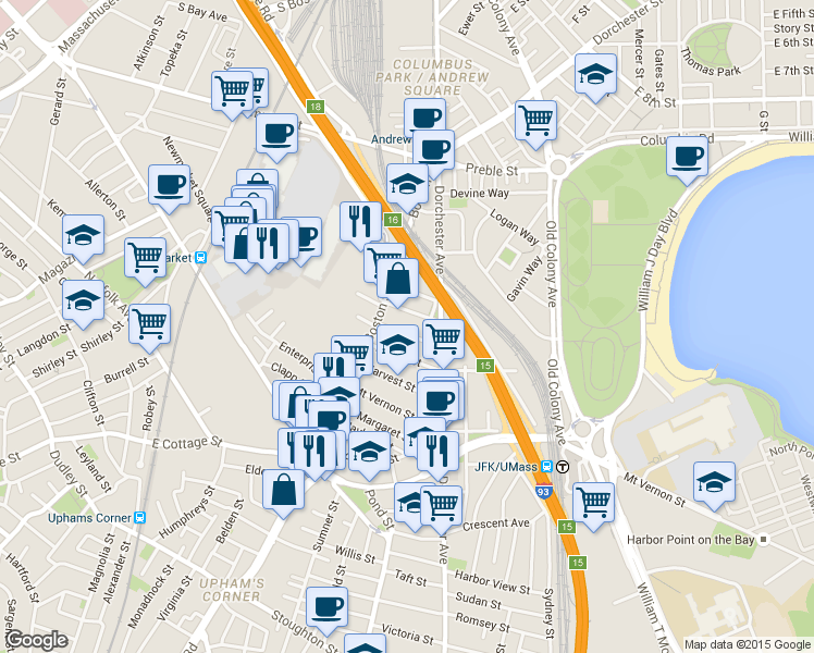 map of restaurants, bars, coffee shops, grocery stores, and more near 17 Dorset Street in Boston