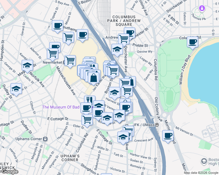 map of restaurants, bars, coffee shops, grocery stores, and more near 56 Dorset Street in Boston