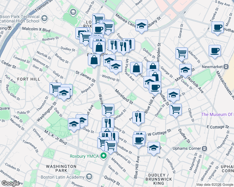 map of restaurants, bars, coffee shops, grocery stores, and more near in Boston