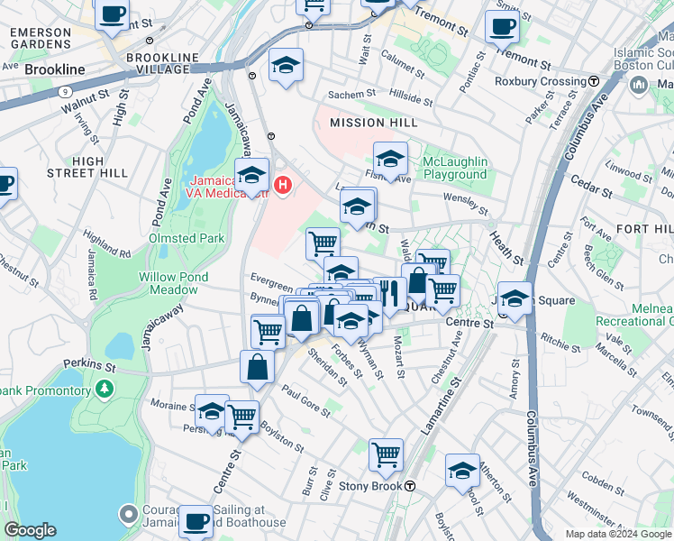 map of restaurants, bars, coffee shops, grocery stores, and more near 47A Creighton Street in Boston