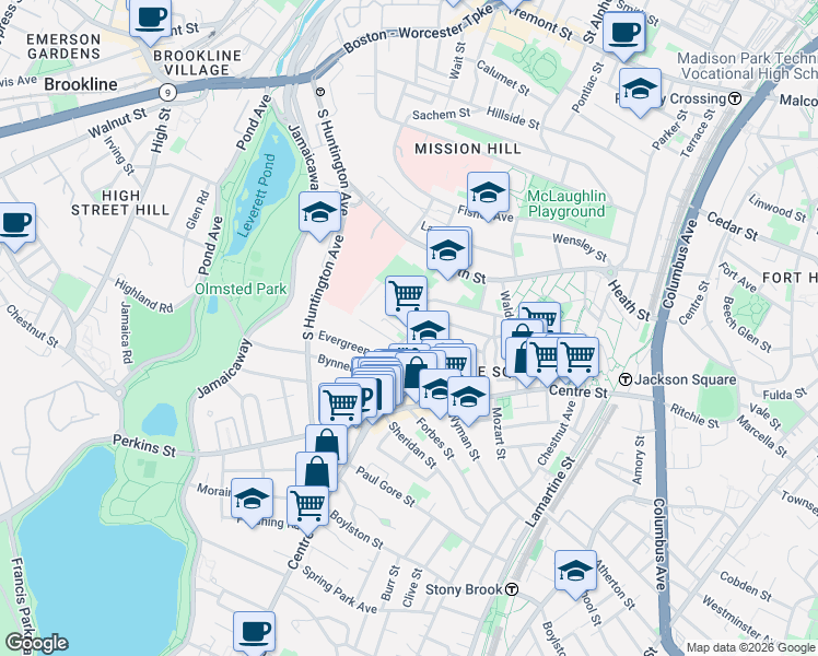 map of restaurants, bars, coffee shops, grocery stores, and more near 69 Day Street in Jamaica Plain