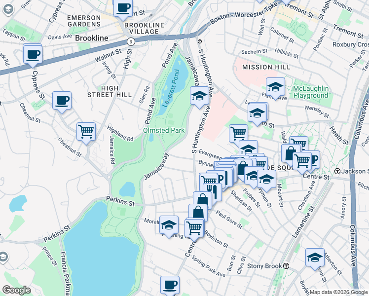 map of restaurants, bars, coffee shops, grocery stores, and more near 112 Bynner Street in Boston