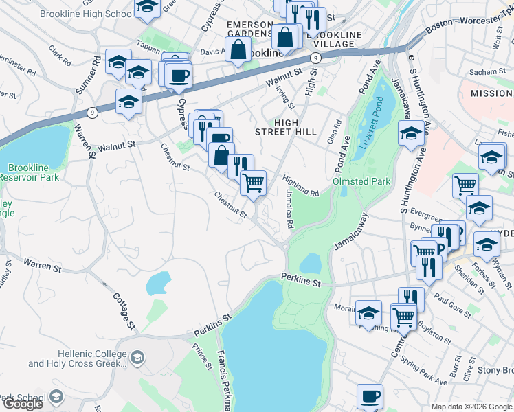 map of restaurants, bars, coffee shops, grocery stores, and more near 186 Chestnut Street in Brookline