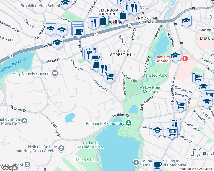 map of restaurants, bars, coffee shops, grocery stores, and more near 149 Chestnut Street in Brookline