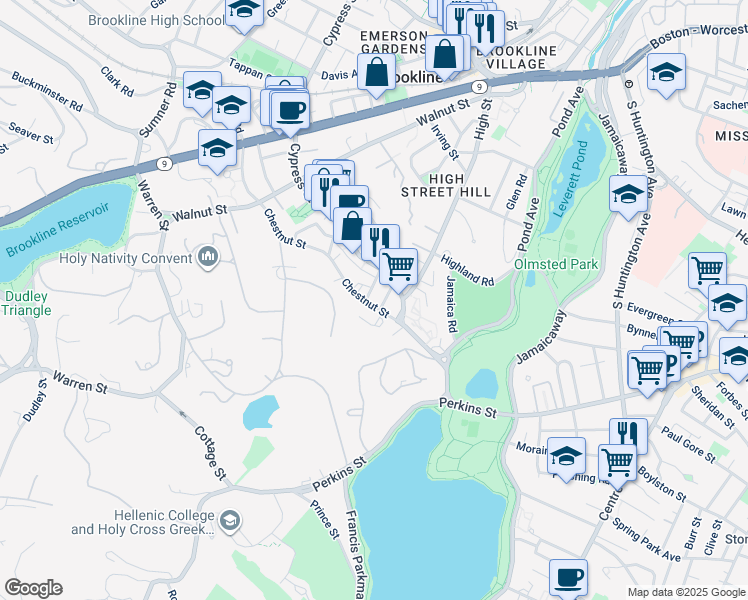 map of restaurants, bars, coffee shops, grocery stores, and more near 149 Chestnut Street in Brookline
