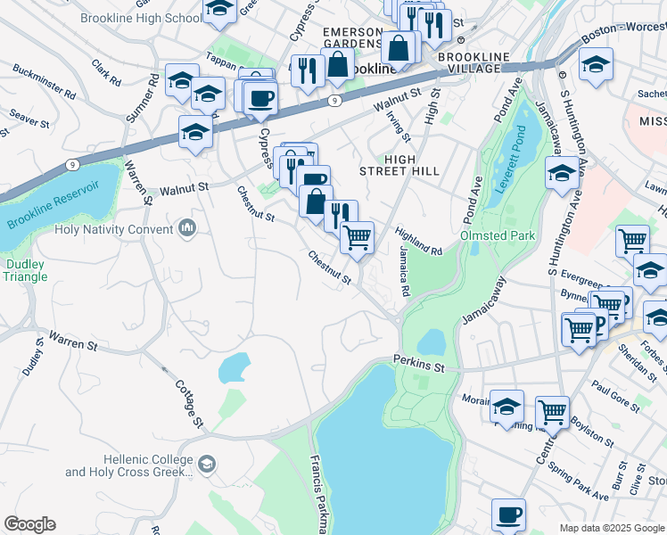 map of restaurants, bars, coffee shops, grocery stores, and more near 149 Chestnut Street in Brookline
