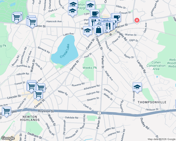 map of restaurants, bars, coffee shops, grocery stores, and more near 93 Oxford Road in Newton