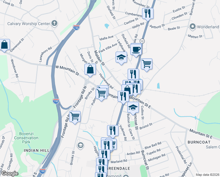 map of restaurants, bars, coffee shops, grocery stores, and more near 42 Mountain Street West in Worcester