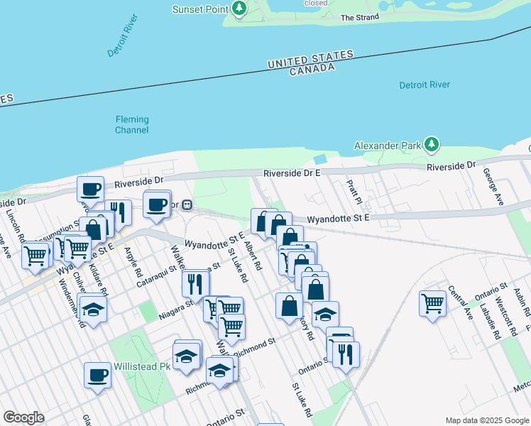 map of restaurants, bars, coffee shops, grocery stores, and more near 2601 Wyandotte Street East in Windsor