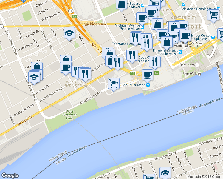 map of restaurants, bars, coffee shops, grocery stores, and more near 200 Riverfront Drive in Detroit