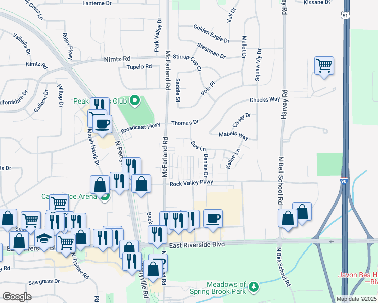 map of restaurants, bars, coffee shops, grocery stores, and more near 7102 Rock Valley Parkway in Loves Park