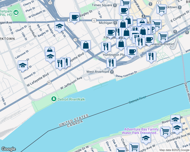 map of restaurants, bars, coffee shops, grocery stores, and more near 250 Riverfront Drive in Detroit