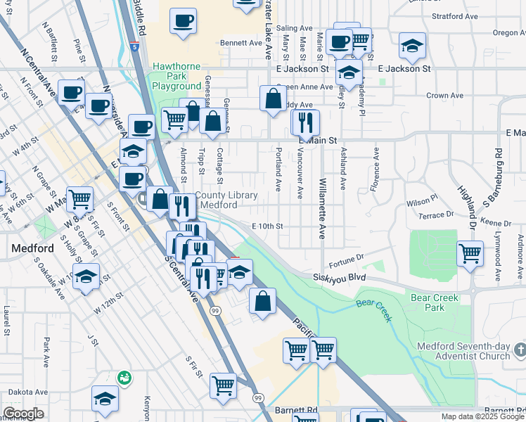 map of restaurants, bars, coffee shops, grocery stores, and more near 854 East 9th Street in Medford