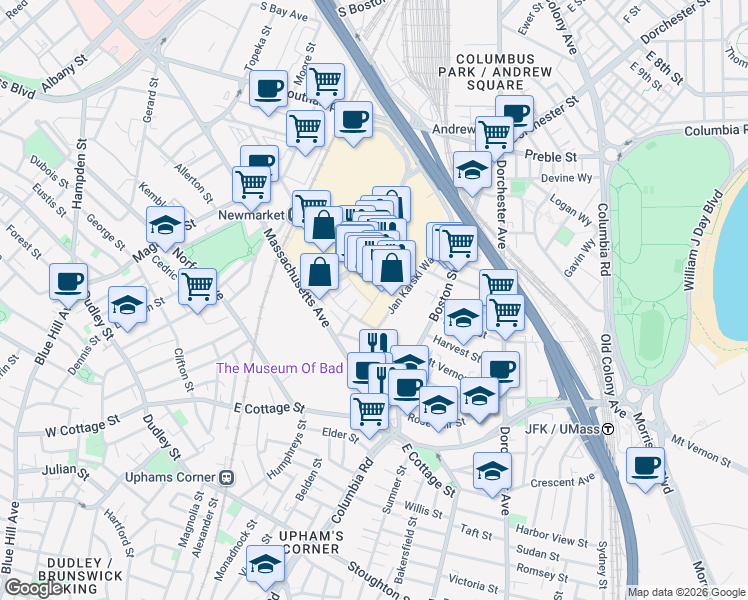 map of restaurants, bars, coffee shops, grocery stores, and more near 55 Enterprise Street in Boston