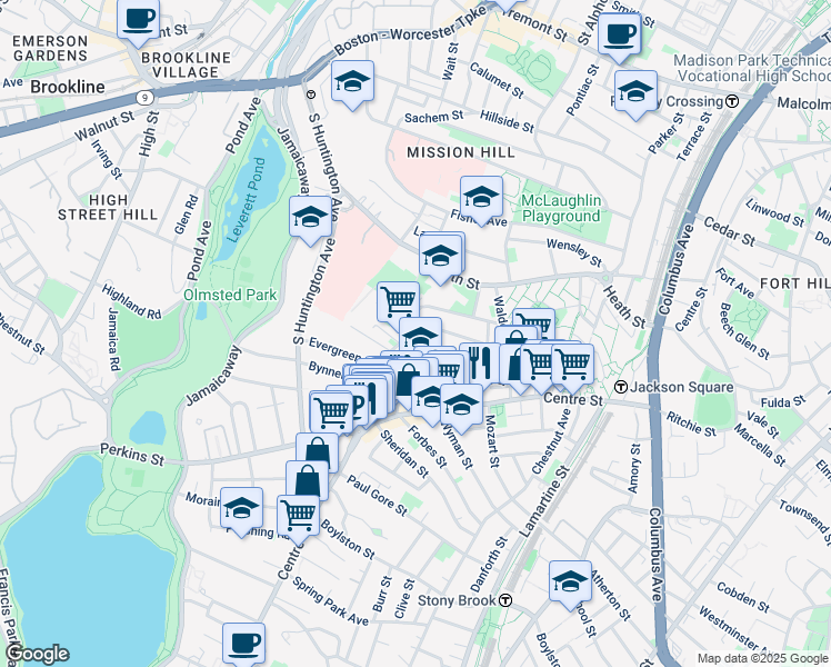 map of restaurants, bars, coffee shops, grocery stores, and more near 47A Creighton Street in Boston