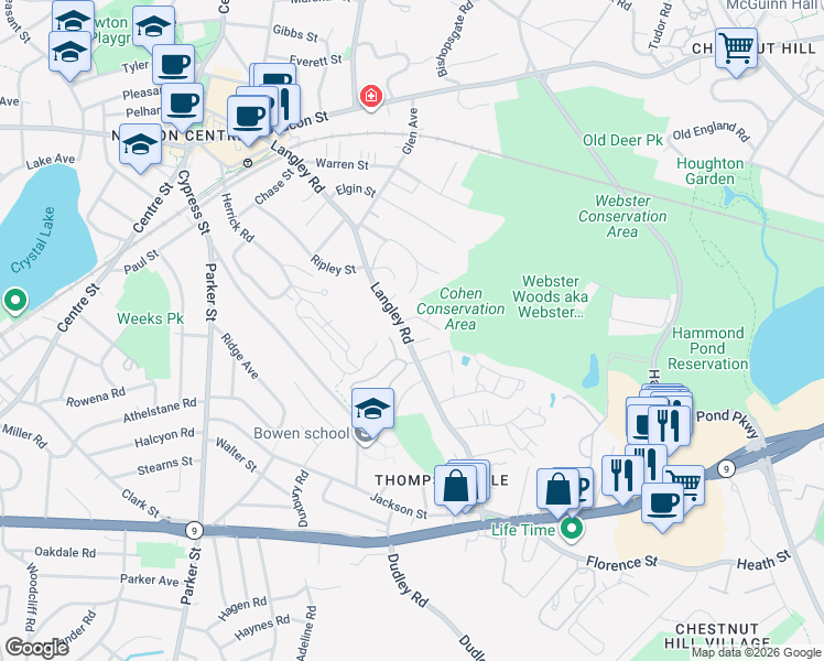 map of restaurants, bars, coffee shops, grocery stores, and more near 133 Carlisle Street in Newton