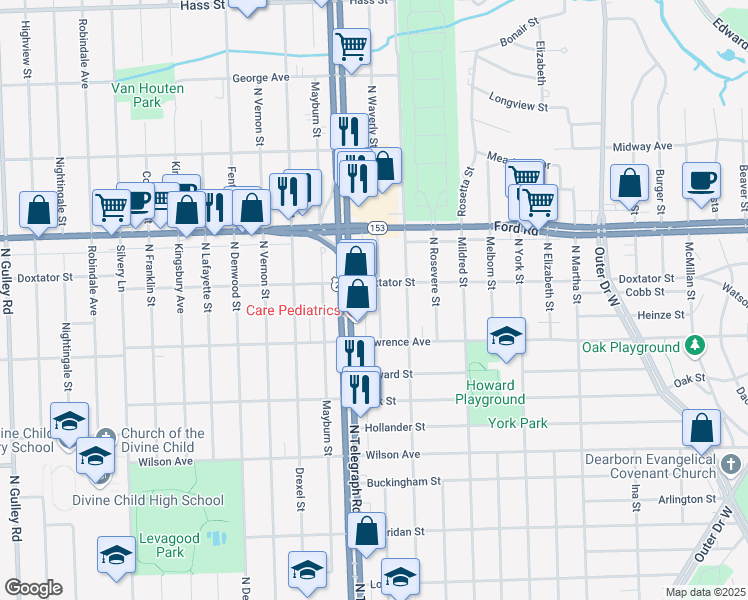 map of restaurants, bars, coffee shops, grocery stores, and more near 1829 North Waverly Street in Dearborn