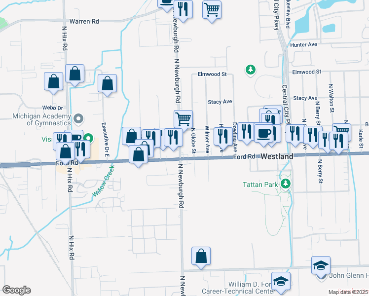 map of restaurants, bars, coffee shops, grocery stores, and more near 37250 Ford Road in Westland