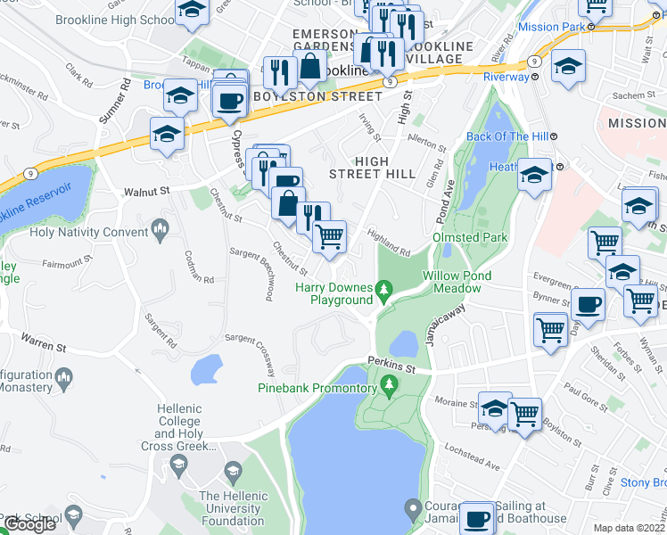 map of restaurants, bars, coffee shops, grocery stores, and more near Cypress St & High St in Brookline