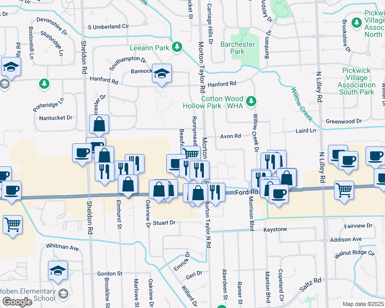 map of restaurants, bars, coffee shops, grocery stores, and more near 5974 Runnymeade Drive in Canton