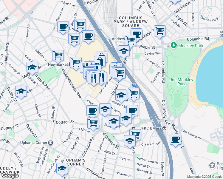 map of restaurants, bars, coffee shops, grocery stores, and more near 8 West Bellflower Street in Boston